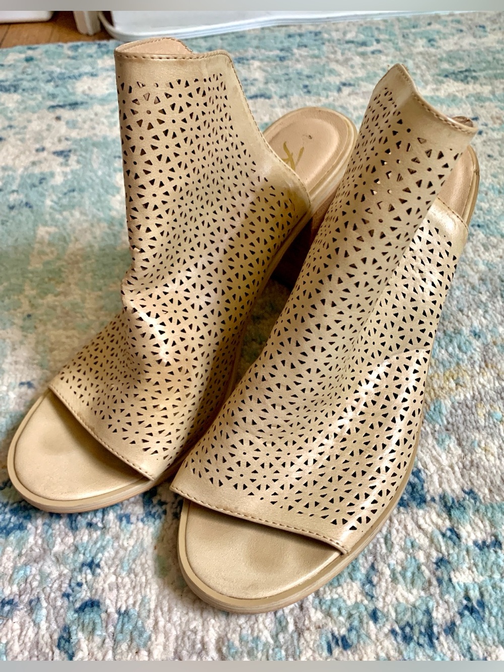 Rebels Beige Leather Geometric Perforated Laser Cut Mule Slide Sandals